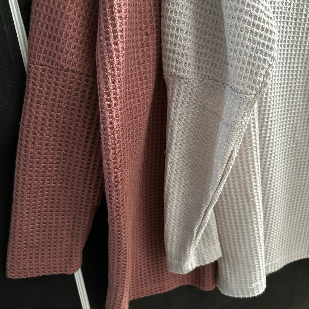 Two Waffle Knit Long Sleeve Tops in Dark Rose Pink and Cream